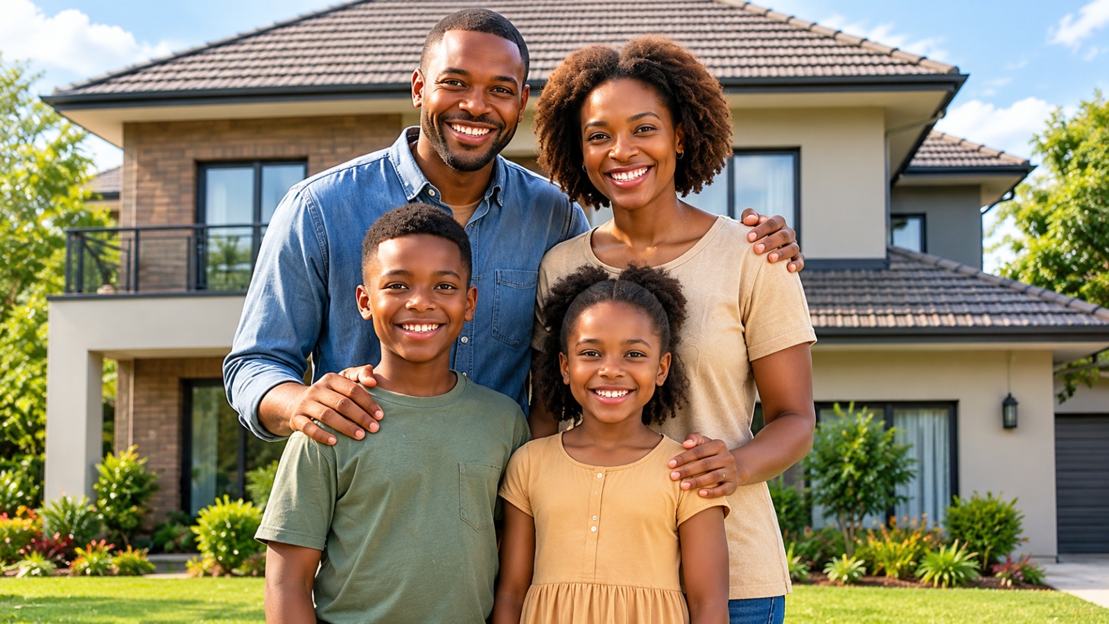 A happy family outside their home